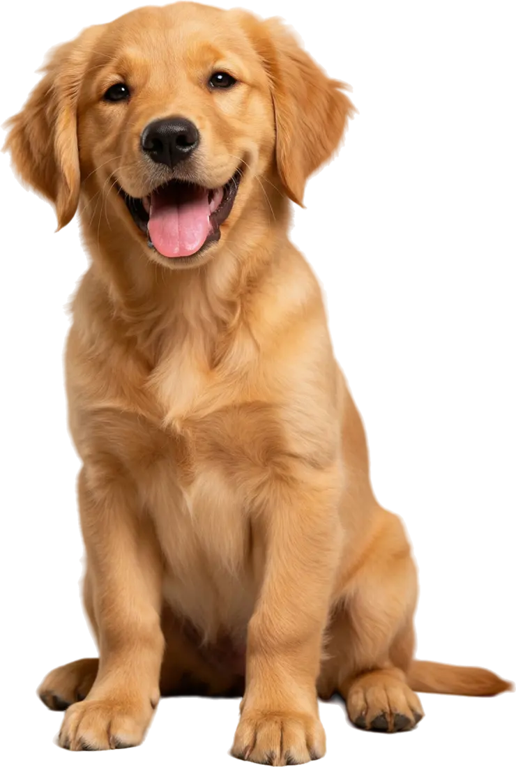 Cachorro de golden retriever sonriendo con la lengua fuera