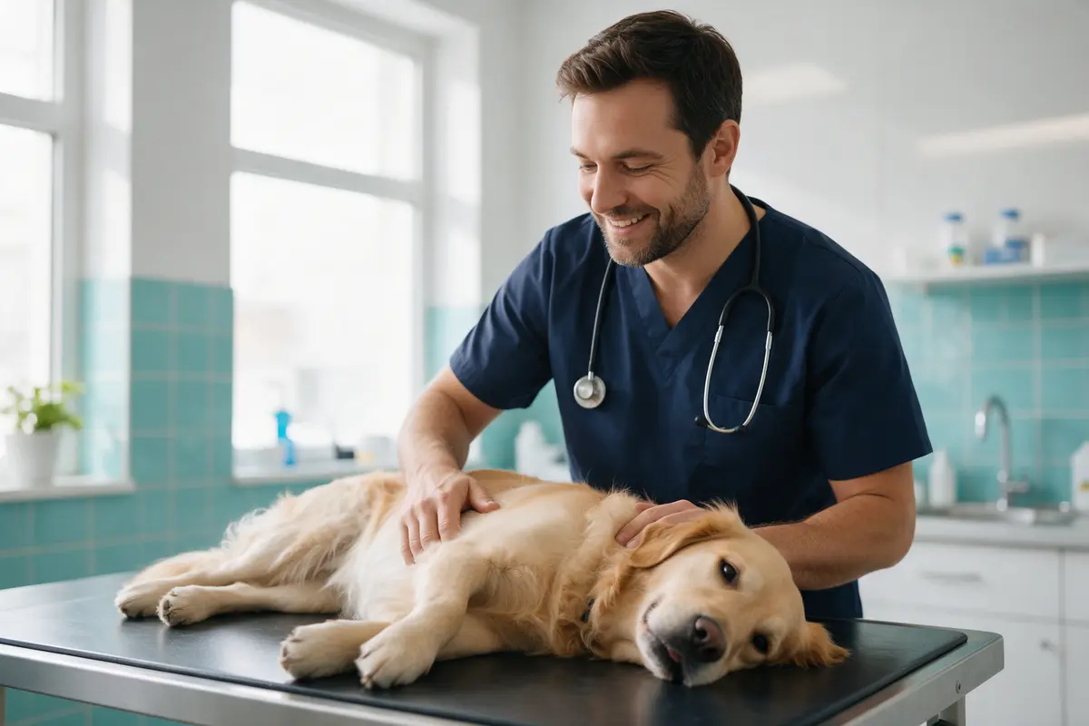 Veterinario explorando a un golden retriever