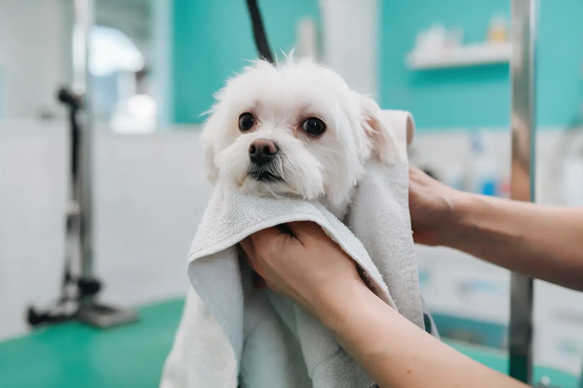 Perro blanco secado con una toalla tras el baño
