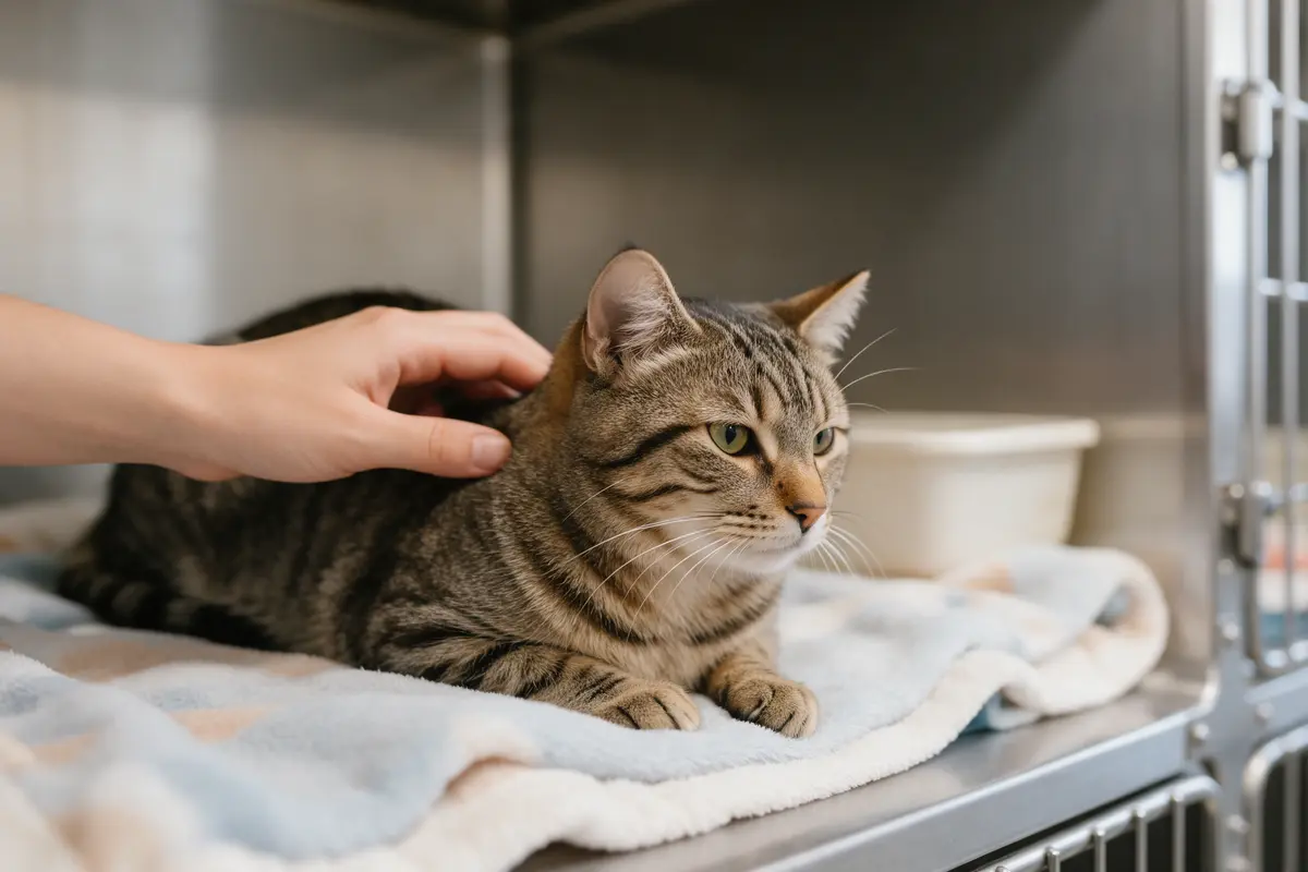Gato tranquilo descansando en una jaula de hospitalización