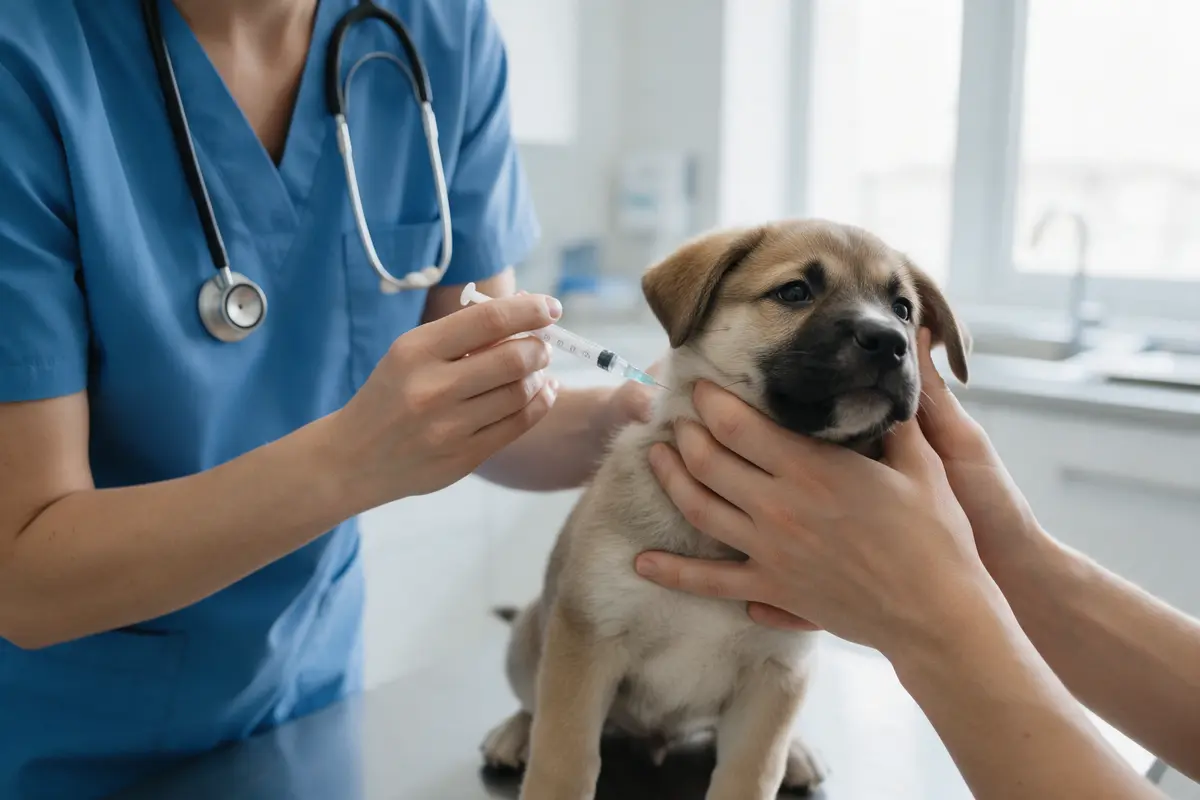 Veterinaria vacunando a un cachorro