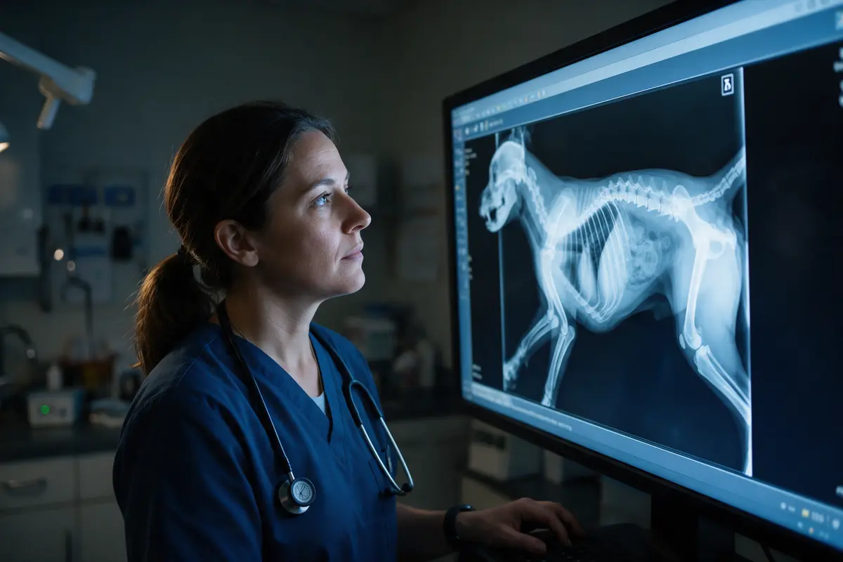 Veterinaria revisando una radiografía digital de un perro